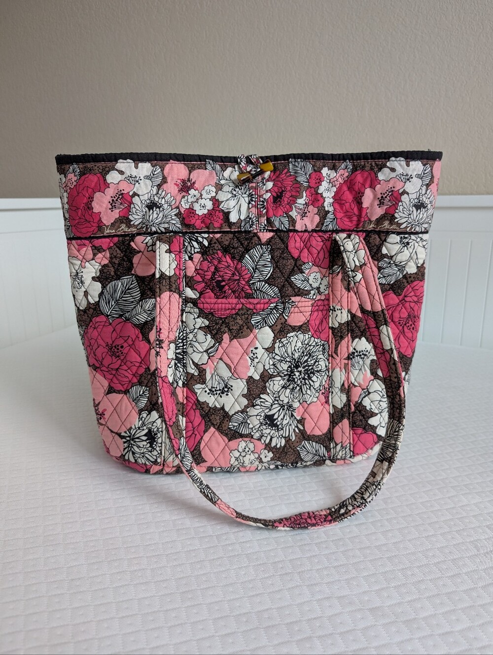Vera Bradley quilted  large tote bag Mocha Rouge pink brown white floral